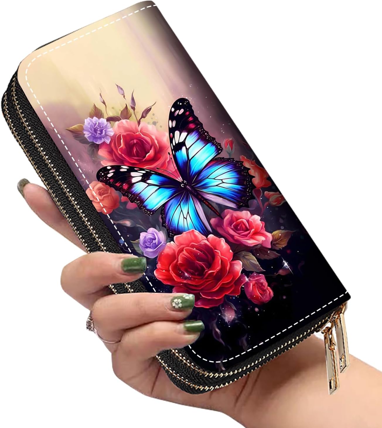 HOTWomen's Large Capacity Wallet PU Leather Double Zipper Clutch Purse Multifunctional Wallet with Removable Wristlet Strap for Smart Phone/Coin/Card/Cash, Flower Butterfly