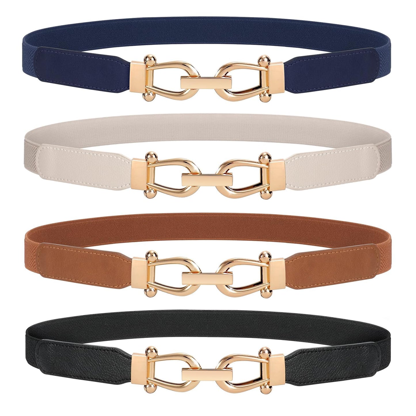 HOTWERFORU Women Skinny Belt for Dresses Retro Stretch Waist Belt with Gold Buckle Set of 4