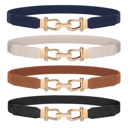 HOTWERFORU Women Skinny Belt for Dresses Retro Stretch Waist Belt with Gold Buckle Set of 4