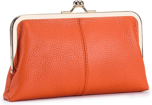 HOTVintage Kiss Lock Leather Wallet for Women, Clutch, Orange | Genuine Leather, Multi-card Slots Card Holder Clutch Purse Travel Wallet