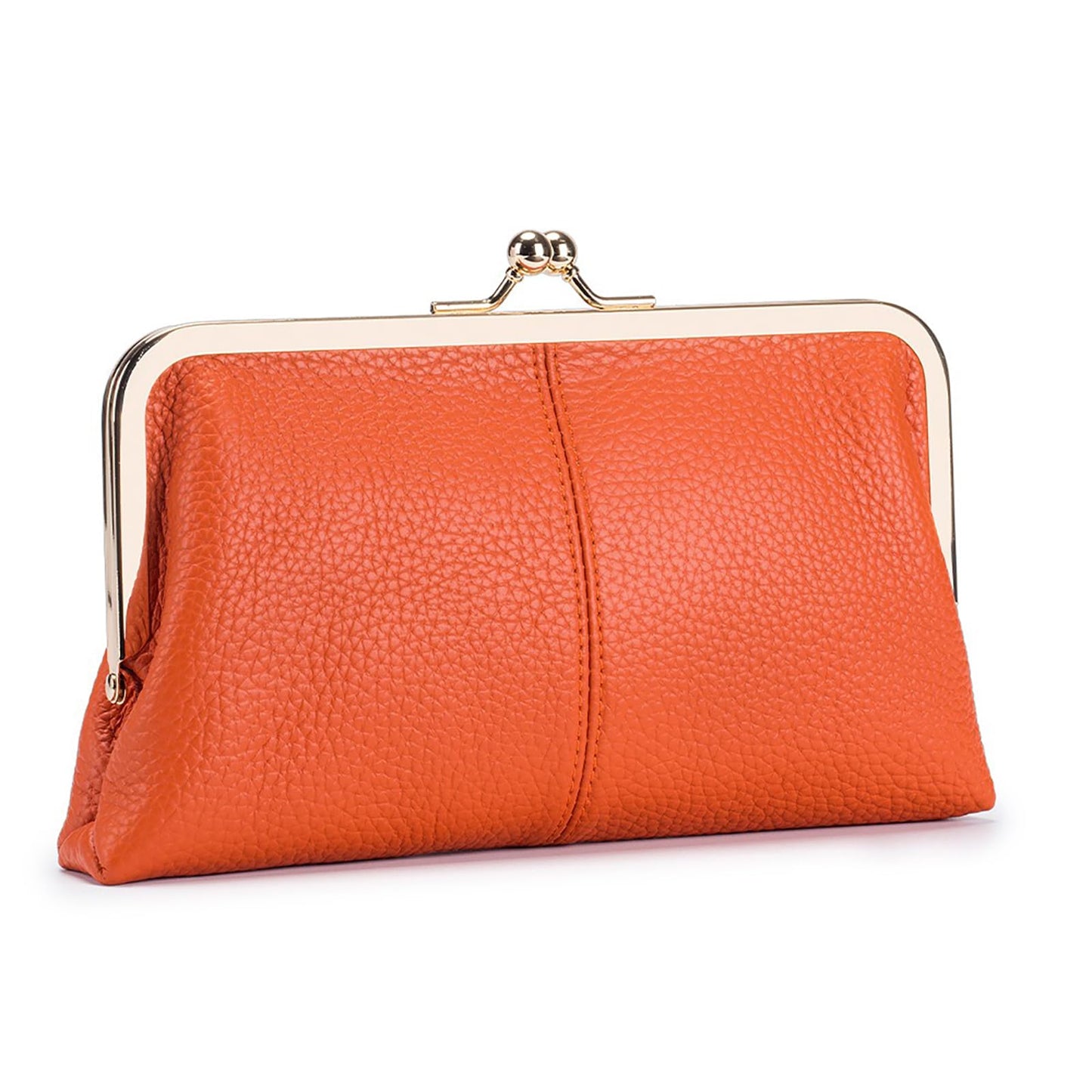 HOTVintage Kiss Lock Leather Wallet for Women, Clutch, Orange | Genuine Leather, Multi-card Slots Card Holder Clutch Purse Travel Wallet