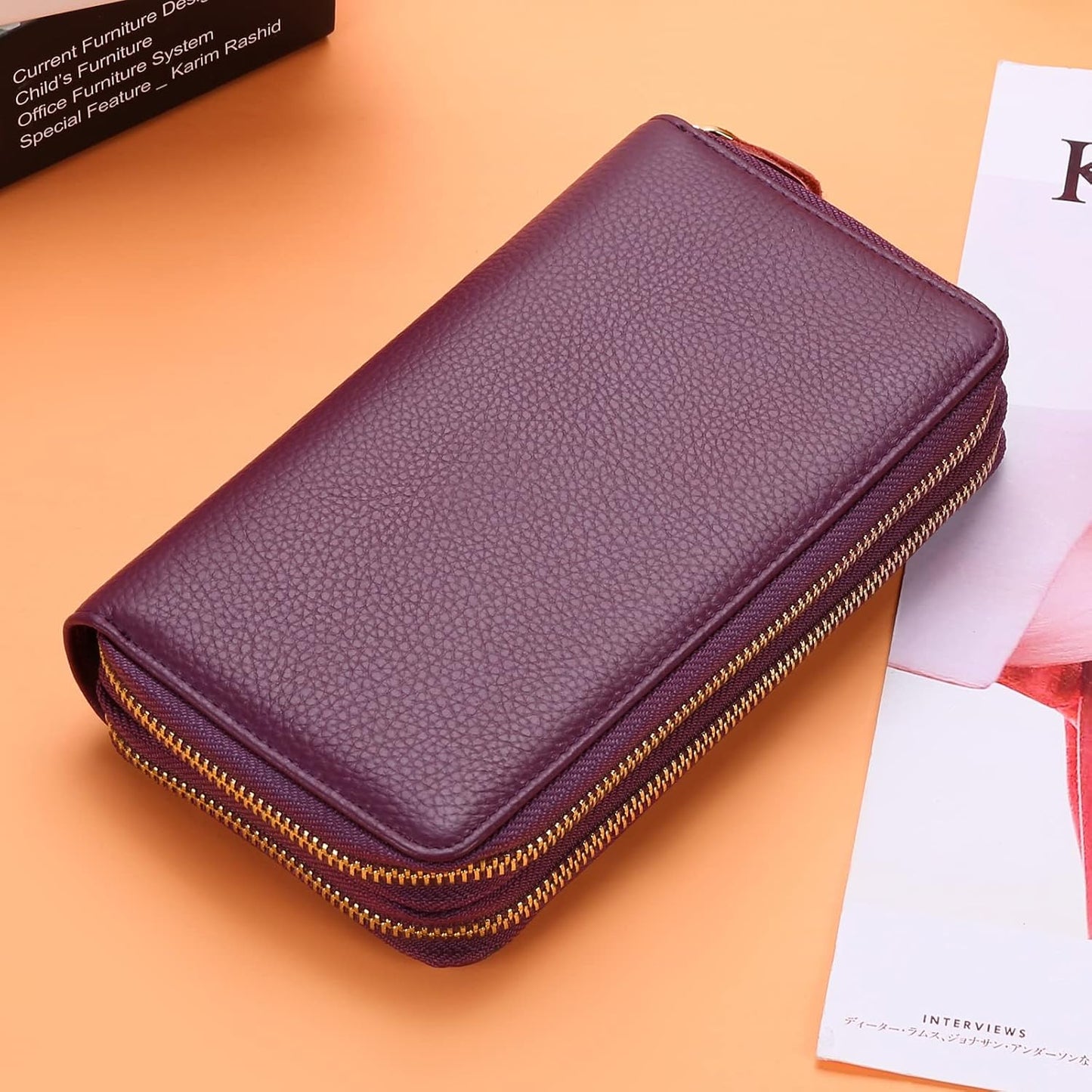 HOTSENDEFN Leather Women Wallet RFID Blocking Zipper Around Phone Holder Clutch Wristlet Large Capacity