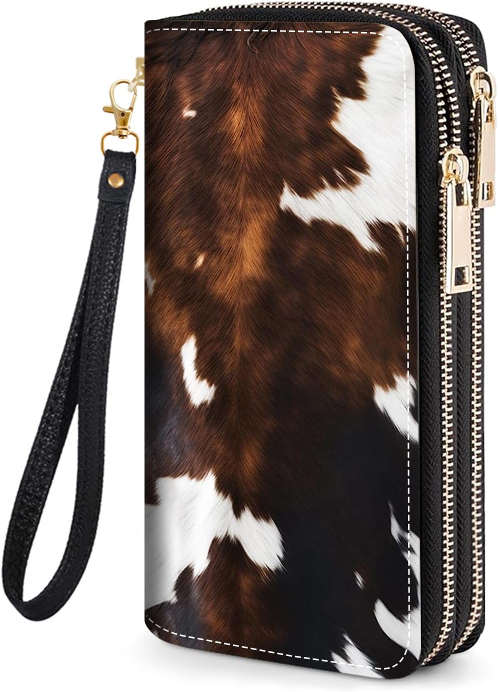 HOTBrown Cow Print Women's Large Capacity Wallet PU Leather Double Zipper Clutch Purse for Cash/Card/Coin/Smart Phone