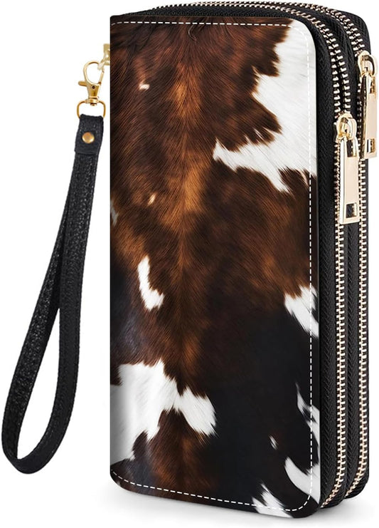 HOTBrown Cow Print Women's Large Capacity Wallet PU Leather Double Zipper Clutch Purse for Cash/Card/Coin/Smart Phone