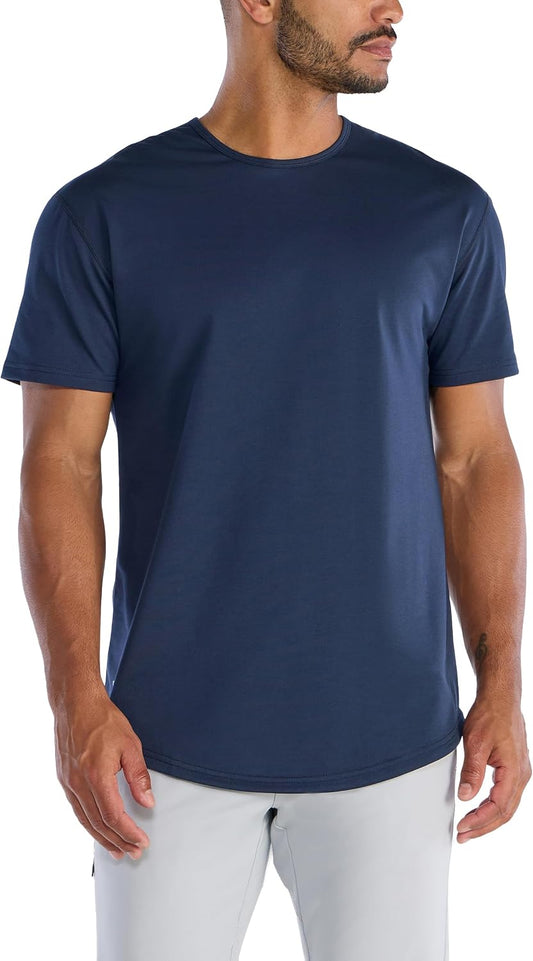 HOTBYLT Mens Drop-Cut Men's T Shirt, Slim Fit Plain Tshirts for Men, Drop Cut Basic Crewneck Tee, Wrinkle Resistant, Stretch Fit