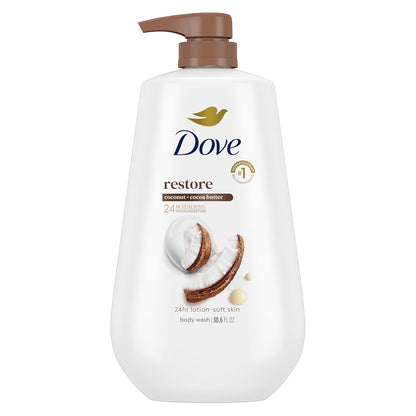 HOTDove 24hr Lotion Body Wash Restore Coconut & Cocoa Butter, 30.6 oz | Moisturizing body wash with MicroMoisture for 24-hour hydration and soft skin