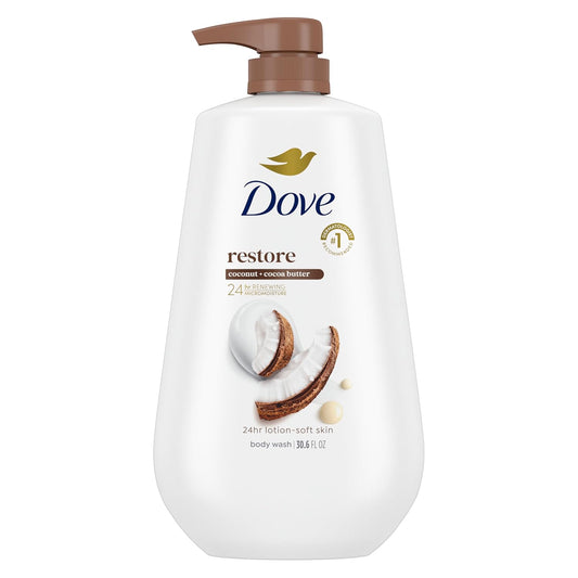 HOTDove 24hr Lotion Body Wash Restore Coconut & Cocoa Butter, 30.6 oz | Moisturizing body wash with MicroMoisture for 24-hour hydration and soft skin