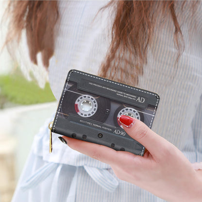 HOTCredit Card Holder Wallets for Women, Small RFID Wallet Slim Leather Card Organizer Case with Zipper, Retro Music Cassette