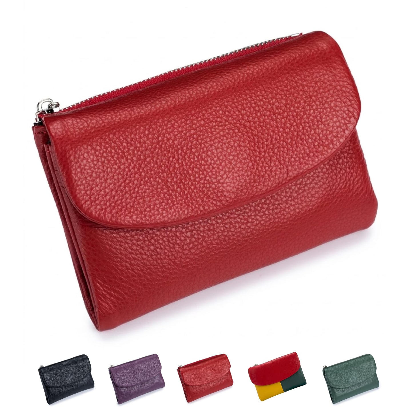 HOTNsciyise Premium Leather Wallet for Women, Red | Multi-Slot Card Holder, RFID Blocking Protection, ID Window, Zipper Coin Purse, Trifold Genuine Cowhide