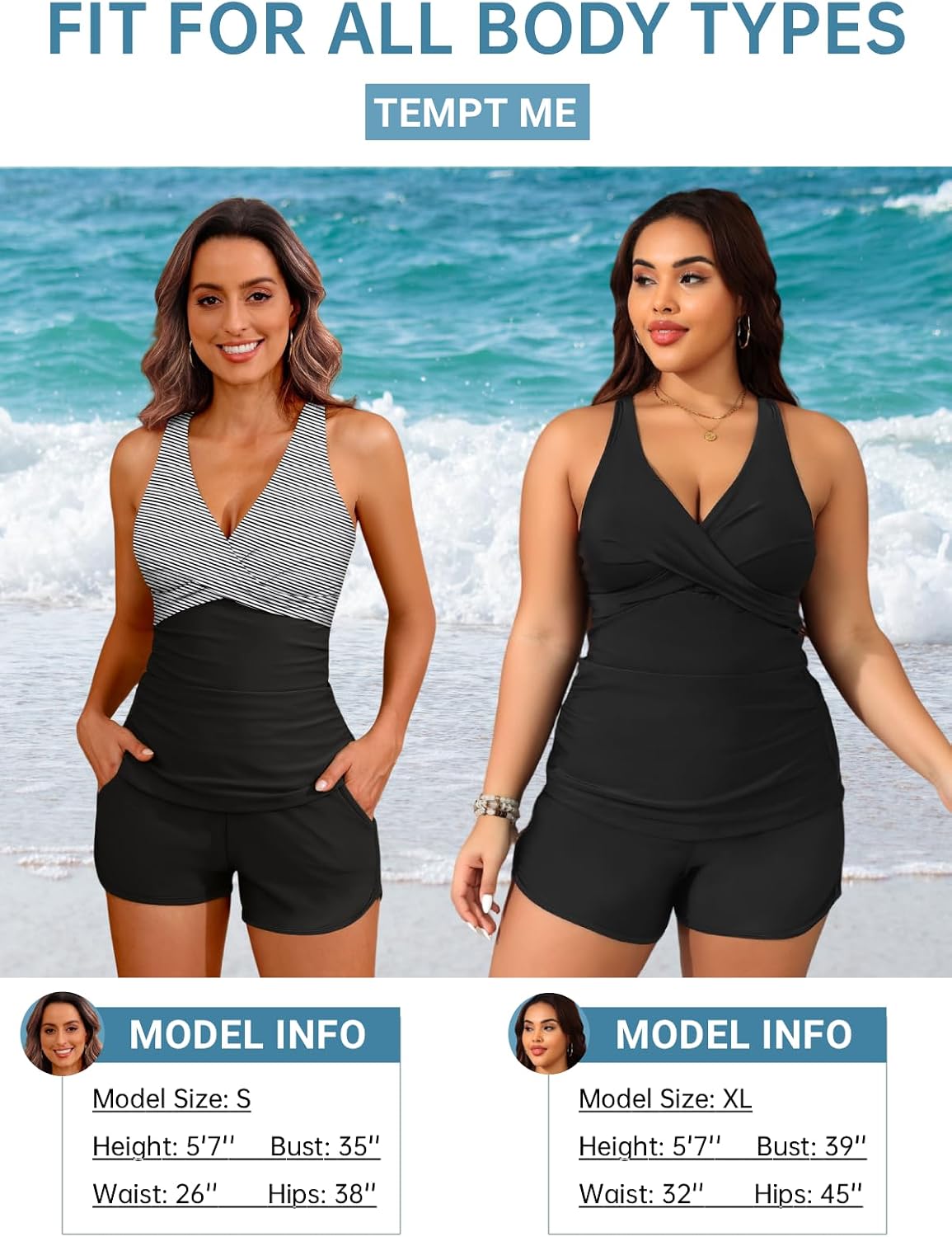 HOTWomen Tankini Swimsuits with Shorts Two Piece Tummy Control Bathing Suits | Two Pockets,Tummy Control,Built-in Brief,Quick Dry,Removable Cups,High Waisted Short