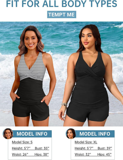 HOTWomen Tankini Swimsuits with Shorts Two Piece Tummy Control Bathing Suits | Two Pockets,Tummy Control,Built-in Brief,Quick Dry,Removable Cups,High Waisted Short