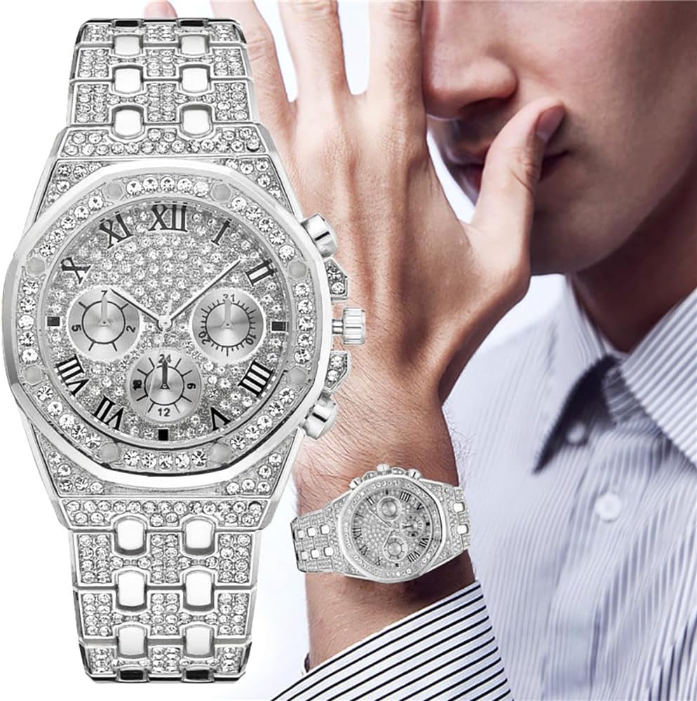 HOTApzzic Diamond Iced Out Watch CZ Gold Plated 40mm Width Roman Numerals Dial Quartz Wristband Watch for Men Women