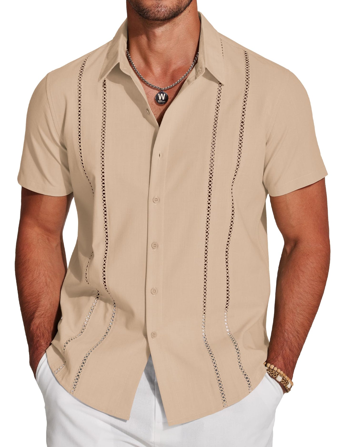 HOTCOOFANDY Men's Cuban Guayabera Shirt Short Sleeve Button Down Shirts Casual Summer Beach Linen Shirts