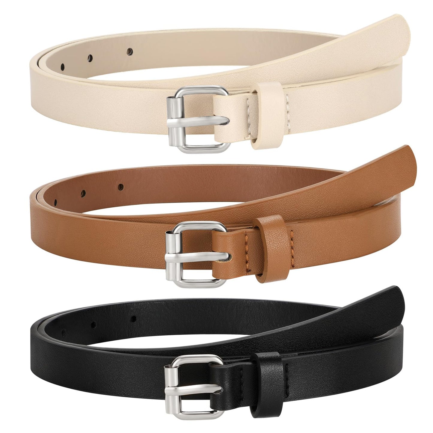 HOTTRIWORKS 3 Pack Women Skinny Leather Belt for Jeans Pants Dress Ladies Thin Waist Belt with Gold Buckle