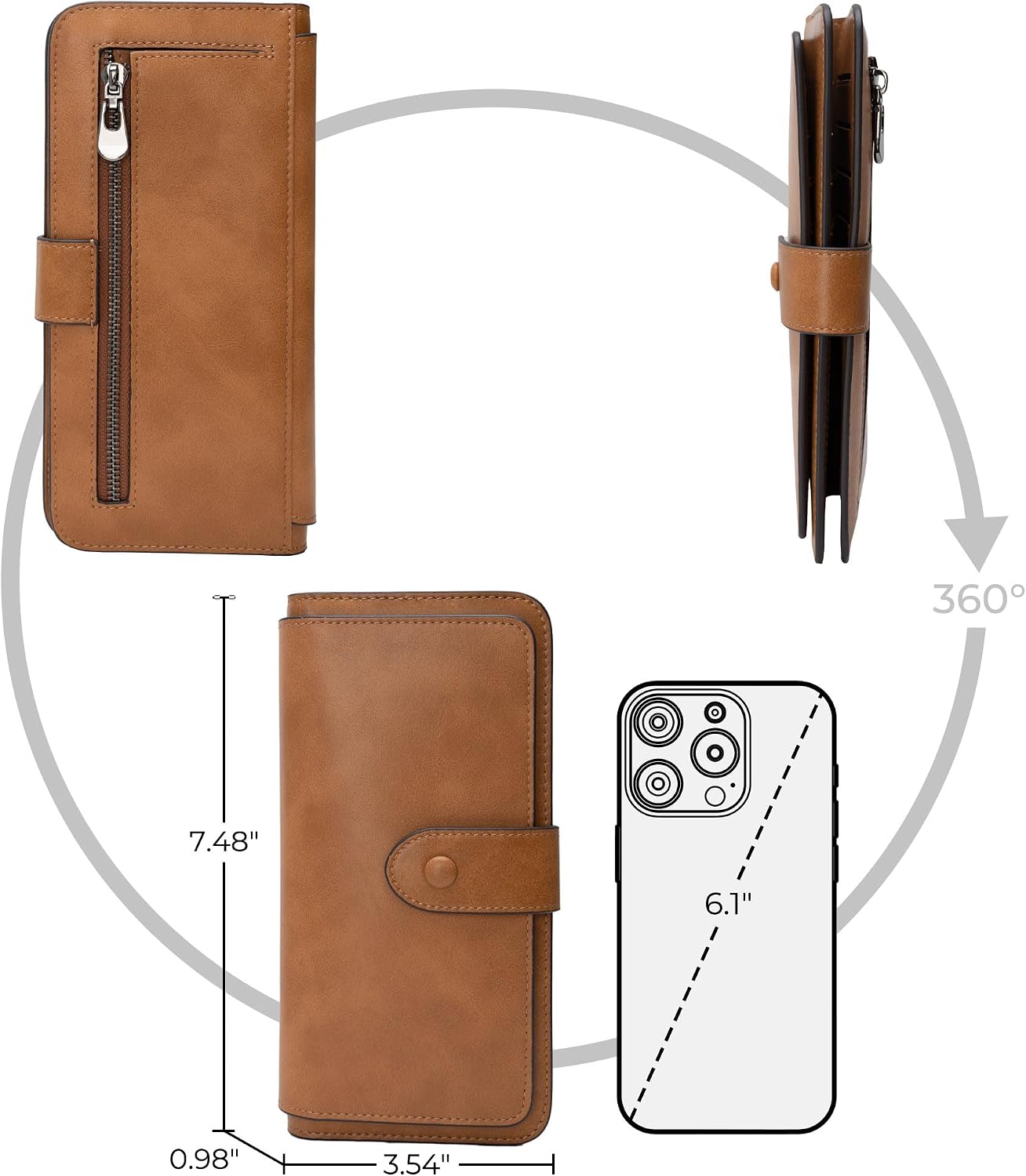 HOTRFID Blocking Leather Wallet for Women, Slim Trifold with 14 Card Slots and Zipper Pocket (Brown)