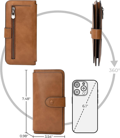 HOTRFID Blocking Leather Wallet for Women, Slim Trifold with 14 Card Slots and Zipper Pocket (Brown)
