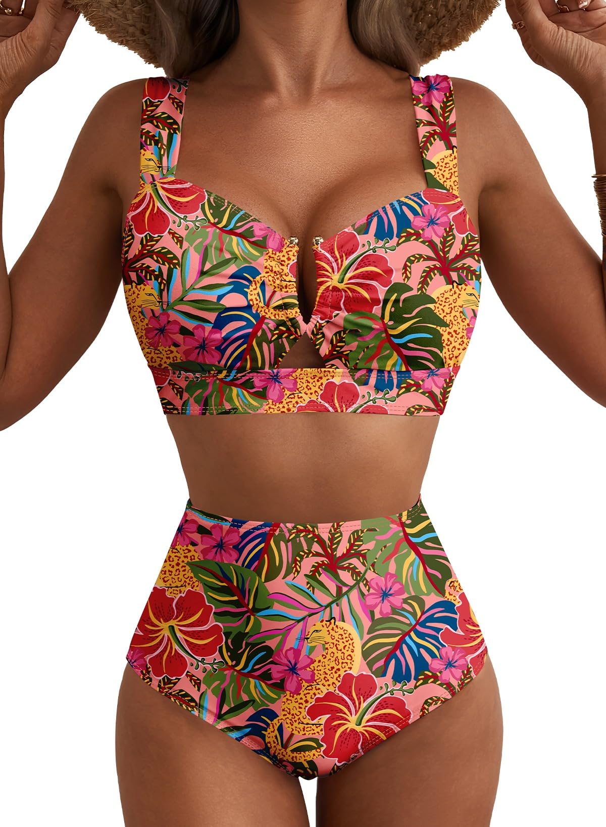 HOTHerseas Women's 2 Piece U Wire Cutout Bikini Sets Floral Print High Waisted Swimsuit 2026 Summer Beach Swim Bathing Suit