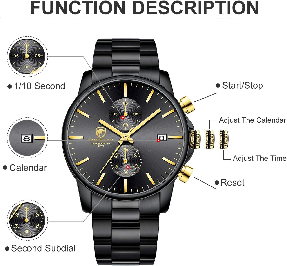 HOTGOLDEN HOUR Fashion Business Mens Watches with Stainless Steel Waterproof Chronograph Quartz Watch for Men, Auto Date