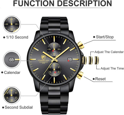 HOTGOLDEN HOUR Fashion Business Mens Watches with Stainless Steel Waterproof Chronograph Quartz Watch for Men, Auto Date