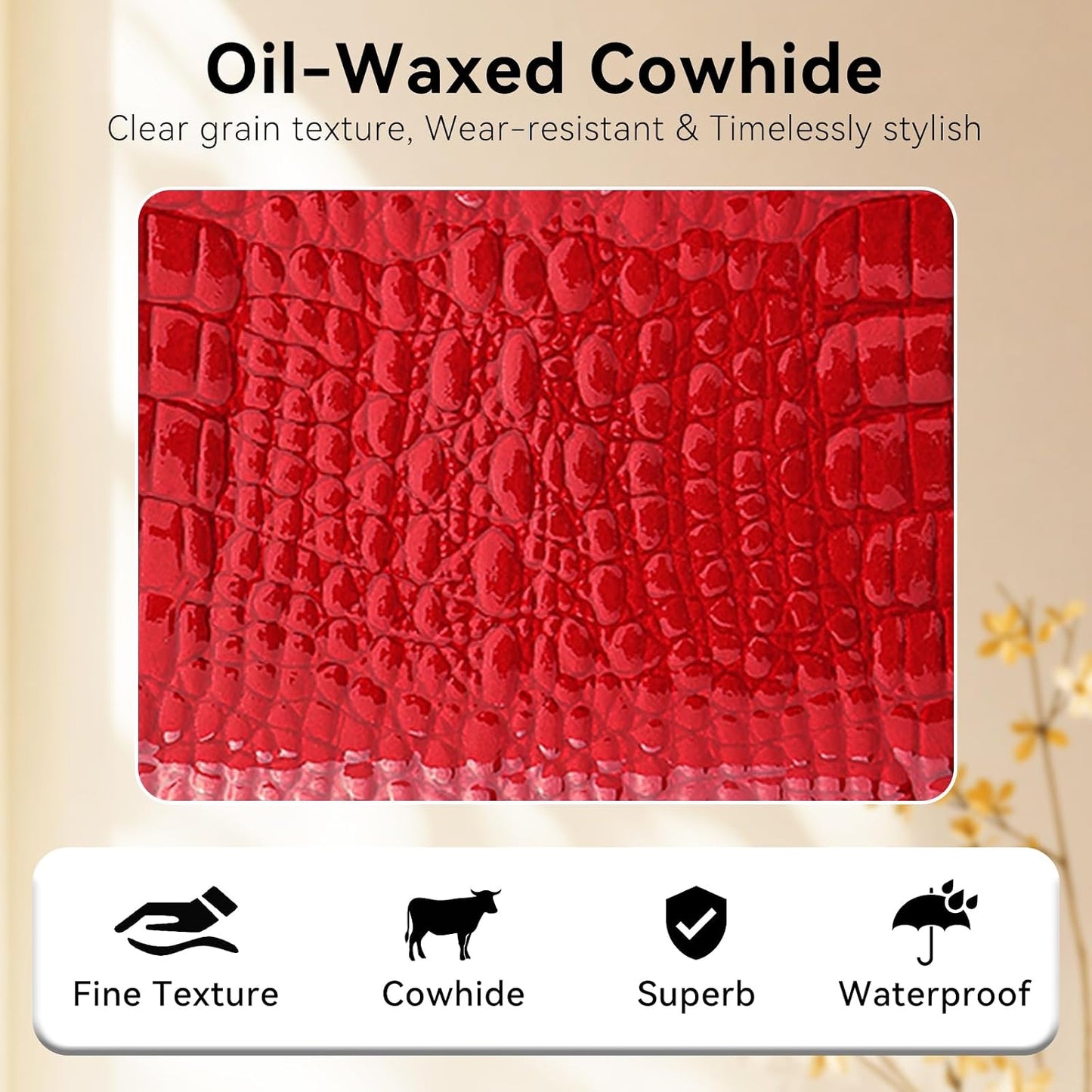 HOTWomen's Wallet Oil-waxed Genuine Leather, Crocodile Embossed Compact Bi-fold Wallet for Women with Magnetic Closure, Multi Card Slots, ID Window, Zipper Pockets (Red)