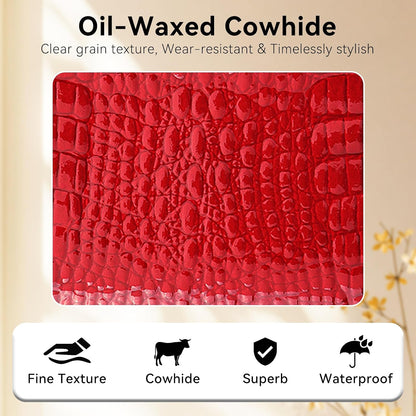 HOTWomen's Wallet Oil-waxed Genuine Leather, Crocodile Embossed Compact Bi-fold Wallet for Women with Magnetic Closure, Multi Card Slots, ID Window, Zipper Pockets (Red)