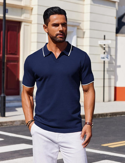 HOTCOOFANDY Mens Polo Shirts Short Sleeve Casual Knit Polo Shirt Vintage Golf T Shirts Old Money Tops