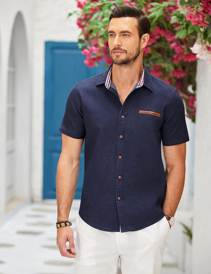 HOTCOOFANDY Men's Cotton Casual Short Sleeve Button Down Shirt Plaid Collar Denim Work Shirts