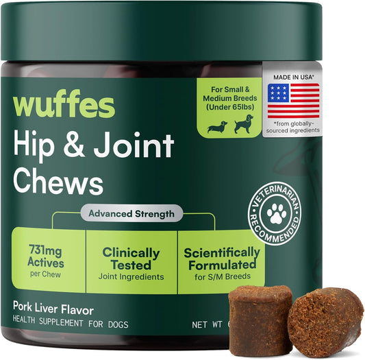 HOTWuffes Advanced Dog Hip and Joint Supplement with Glucosamine, Chondroitin, Omega 3, MSM, and Green Lipped Mussel, 60 Pork Flavored Chews for Small and Medium Dog Breeds