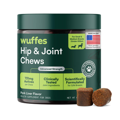 HOTWuffes Advanced Dog Hip and Joint Supplement with Glucosamine, Chondroitin, Omega 3, MSM, and Green Lipped Mussel, 60 Pork Flavored Chews for Small and Medium Dog Breeds
