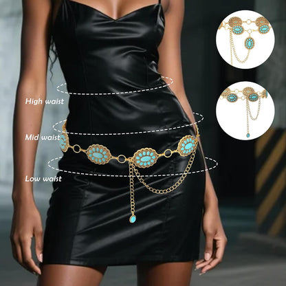 HOTWestern Turquoise Belt for Women Boho Cowgirl Concho Metal Belt for Country Concert Outfit Vintage Jewelry