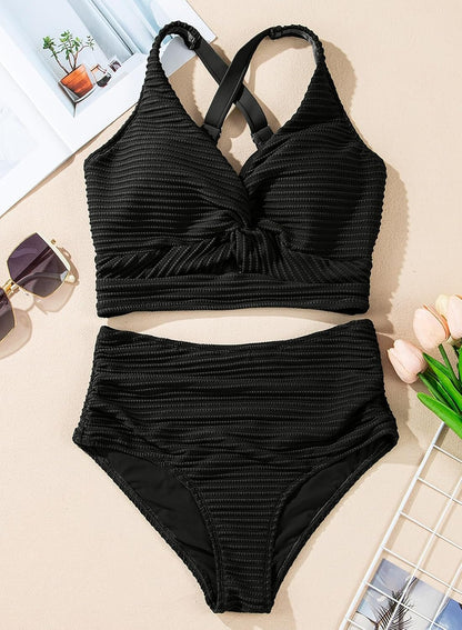 HOTHerseas Women's Textured Bikini Sets Twist Front Top Swimsuits High Waisted Bathing Suits