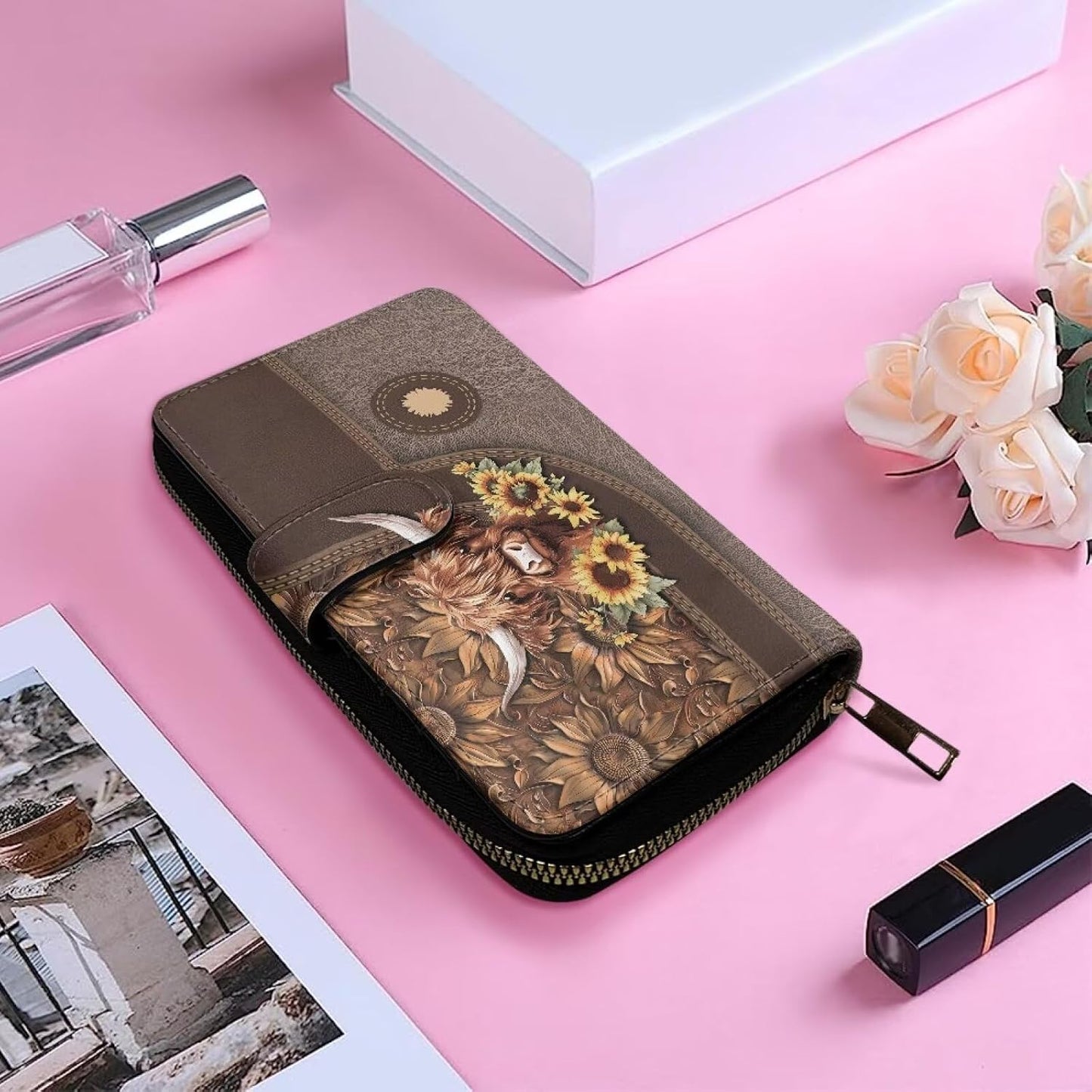 HOTCOEQINE Ladies Wallets Pink Leopard Heart Black Printed Leather Phone Long Clutch Purses Check Coin Change Holder