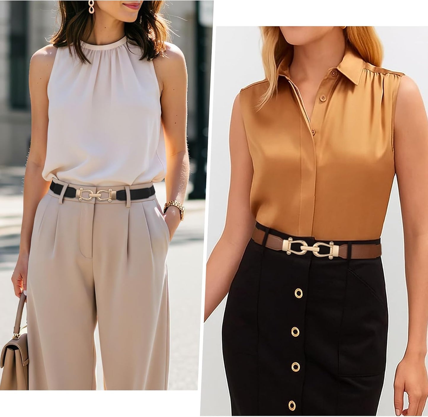 HOTJASGOOD Women Skinny Elastic Belt for Dresses,Thin Retro Stretch Waist Belt with Golden Buckle