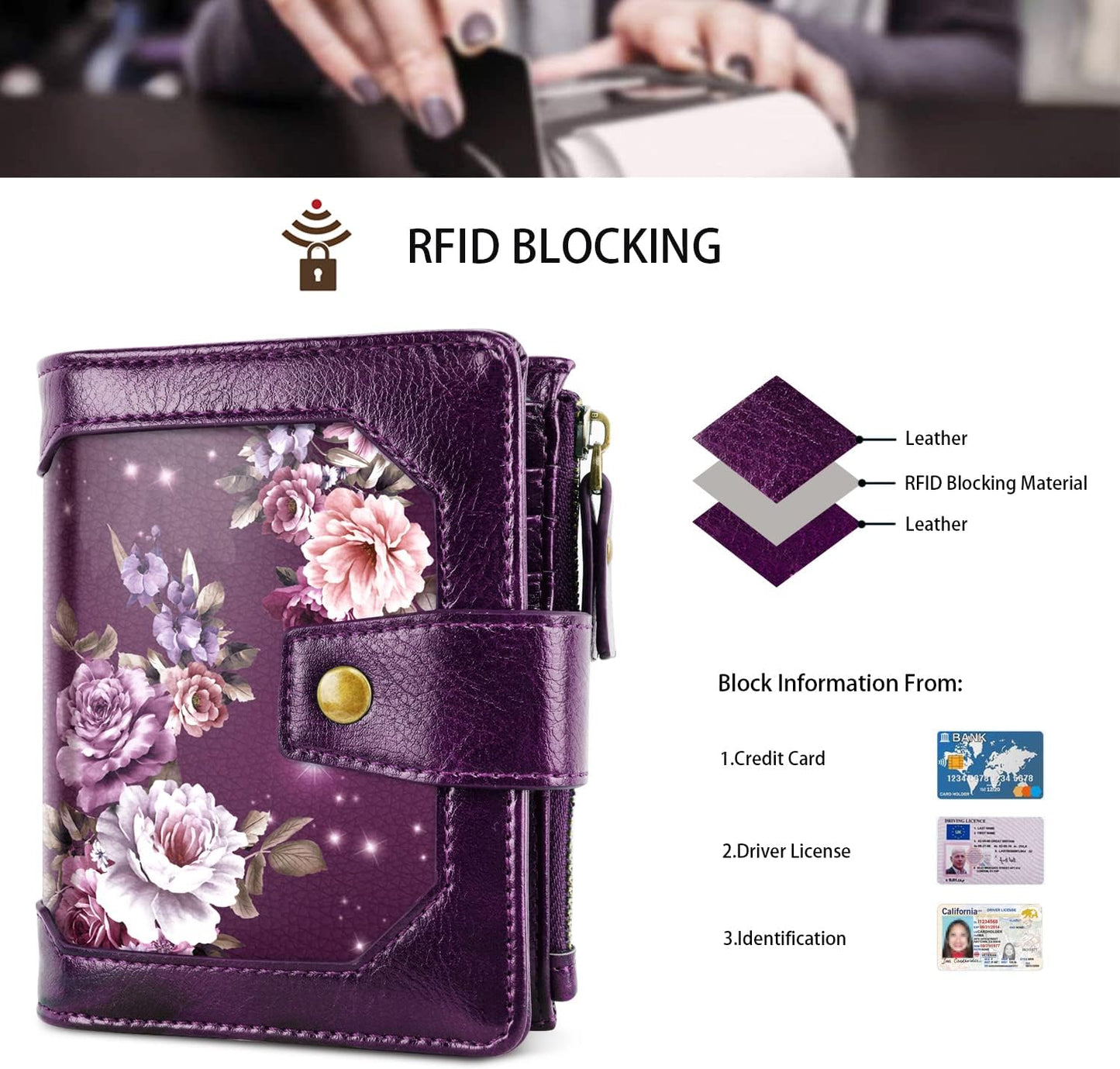 HOTSmall Womens Wallet Billfold RFID Credit Card Holder Ladies Purse | Compact Wallets Women, 2 ID Windows,16 Card Slots, Zipper Coin Pocket, PU Leather, Woman Female Girls Gift, Purple Flower