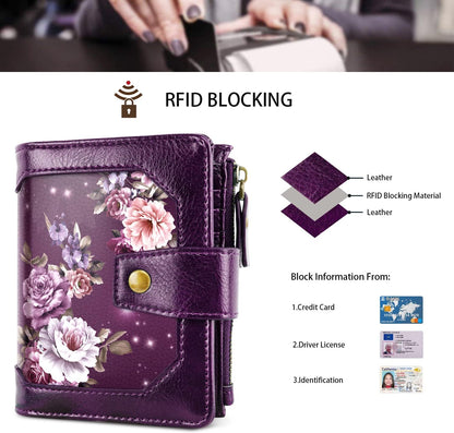 HOTSmall Womens Wallet Billfold RFID Credit Card Holder Ladies Purse | Compact Wallets Women, 2 ID Windows,16 Card Slots, Zipper Coin Pocket, PU Leather, Woman Female Girls Gift, Purple Flower
