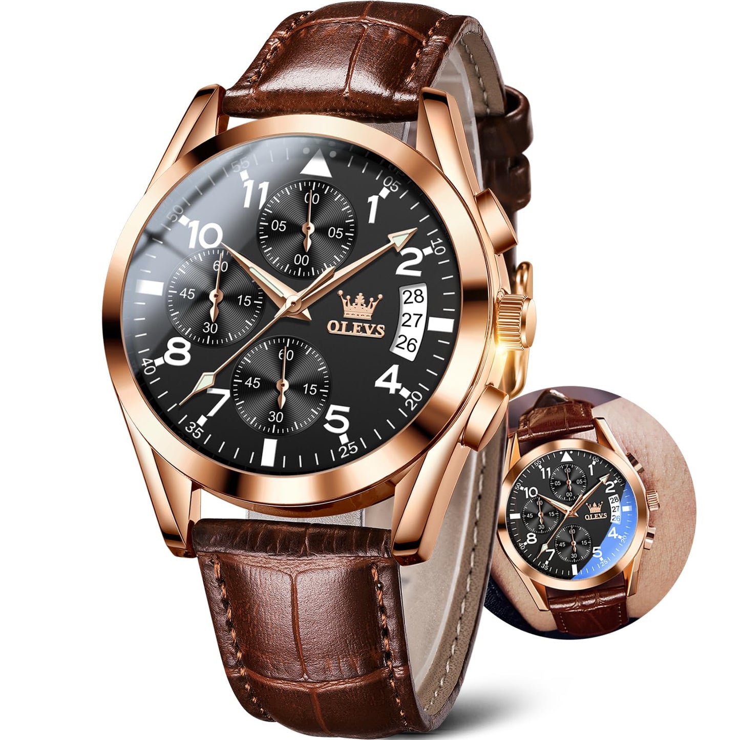 HOTOLEVS Men's Watches Brown Leather with Date,Casual Watches for Men,Large Face Watches Men,Chronograph Mens Watch,Sport Waterproof Business Dress Analog Quartz Men's Wrist Watches Reloj De Hombre