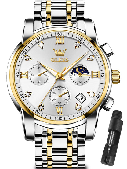 HOTOLEVS Watches for Men with Date Luxury Big Face Waterproof Mens Wristwatch Analog Dress Two Tone Stainless Steel Man Watch Luminous Relojes De Hombre Calendar(Green/Blue/Black Dial