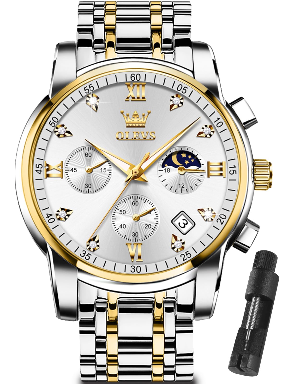 HOTOLEVS Watches for Men with Date Luxury Big Face Waterproof Mens Wristwatch Analog Dress Two Tone Stainless Steel Man Watch Luminous Relojes De Hombre Calendar(Green/Blue/Black Dial
