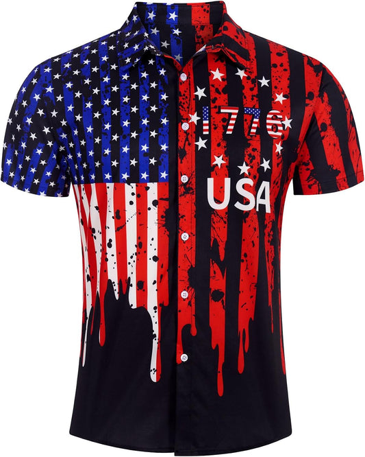 HOTuideazone Mens 4th of July American Flag Patriotic Shirt M-XXL | USA Short Sleeve Button Up Shirt for Independence Day, Memorial Days, Flag Day, 4th of July Parties, Beach Trips and Daily