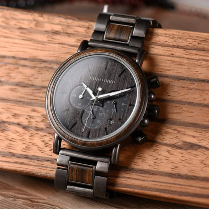 HOTBOBO BIRD Wooden Mens Watches Wood & Stainless Steel Combined Chronograph Military Quartz Casual Wristwatches