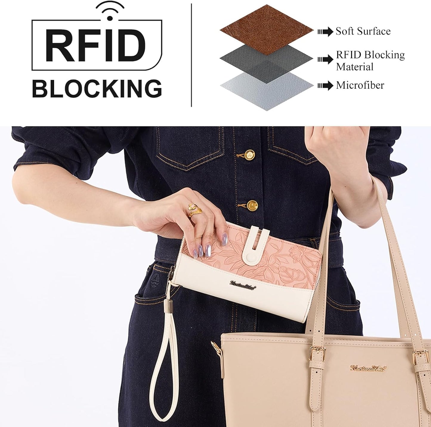 HOTWallet for Women Large Wristlet Wallet RFID Blocking Western Wallets Pink | With 13 Card Slots, 1 Clear ID Window, 3 Bill Compartments and 1 Large Zipper Pocket, Phone Cash Wallet