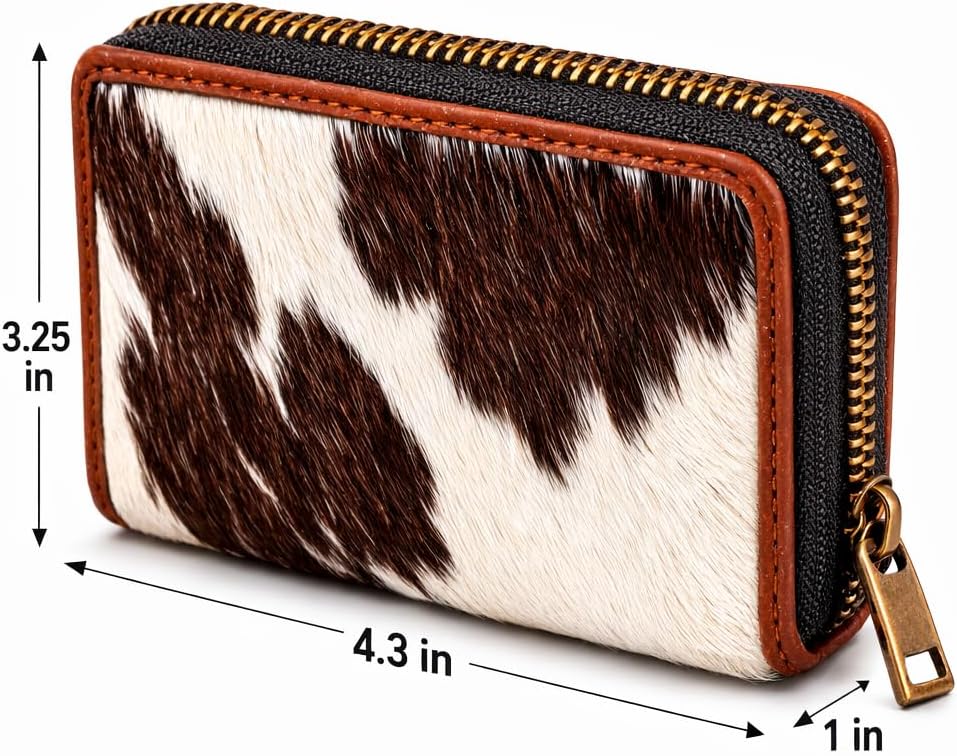 HOTESS RFID Cowhide Leather Wallet Women Small Zip Accordion Card Holder | Hair-On Leather Compact Organizer with Coin Pocket Secure Zipper (11 x 7.5 cm) Stylish Gift Pouch Minimal Everyday Carry