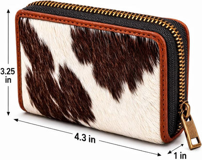 HOTESS RFID Cowhide Leather Wallet Women Small Zip Accordion Card Holder | Hair-On Leather Compact Organizer with Coin Pocket Secure Zipper (11 x 7.5 cm) Stylish Gift Pouch Minimal Everyday Carry