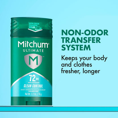 HOTMitchum Ultimate 72HR Odor Protection Men’s Antiperspirant & Deodorant, Long-Lasting Freshness, Invisible Solid, No White Residue Left on Skin, Clean Control, 2 pack