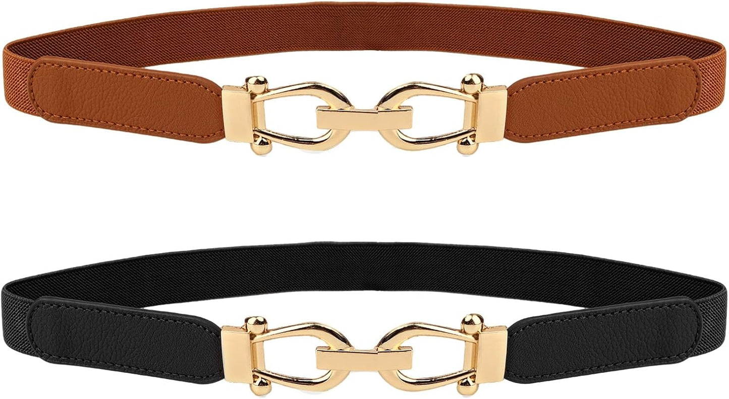 HOTWomen Stretchy Waist Belt, 70cm L Fit 27"-33" Waist 2.5cm W, Retro Elastic Gold Buckle for Ladies Dresses, 2 Pack