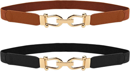 HOTWomen Stretchy Waist Belt, 70cm L Fit 27"-33" Waist 2.5cm W, Retro Elastic Gold Buckle for Ladies Dresses, 2 Pack