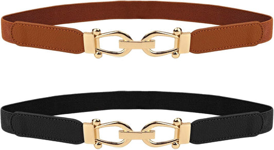 HOTWomen Stretchy Waist Belt, 70cm L Fit 27"-33" Waist 2.5cm W, Retro Elastic Gold Buckle for Ladies Dresses, 2 Pack