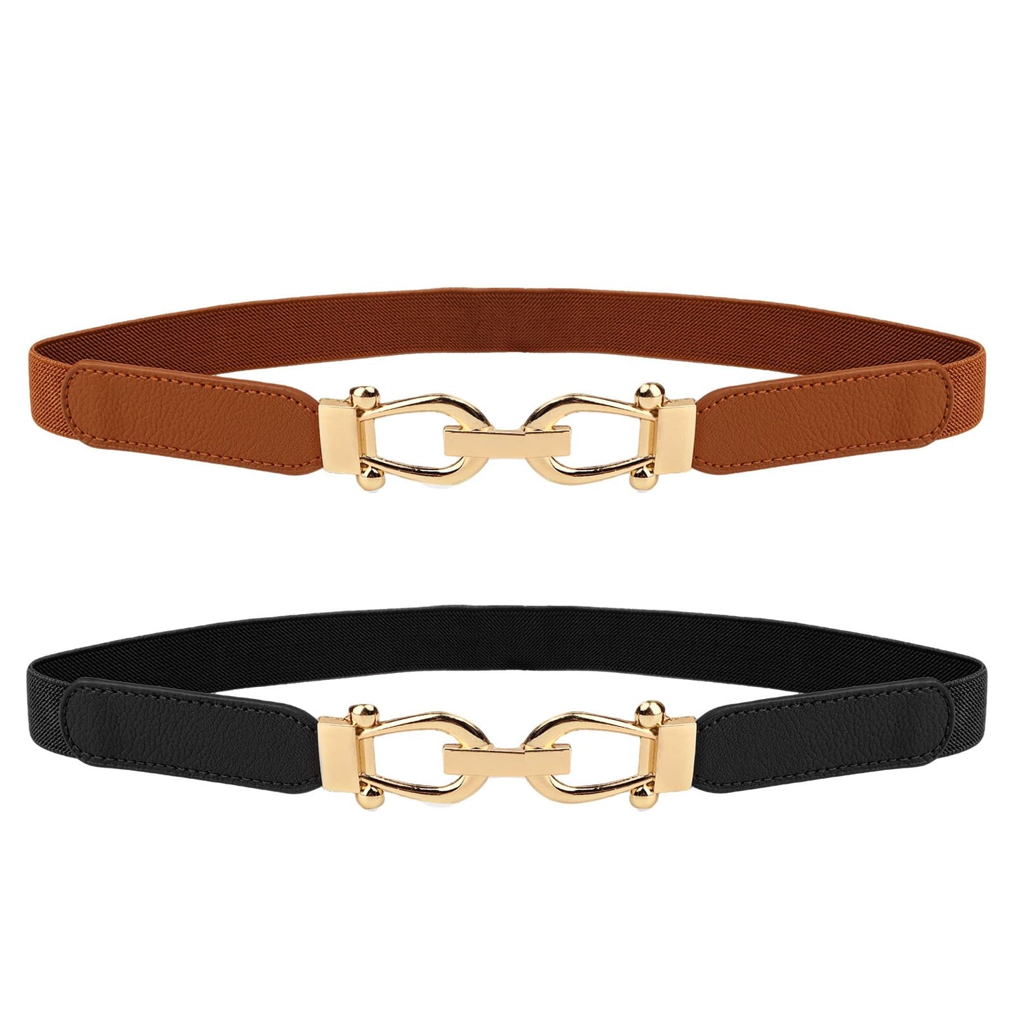 HOTWomen Stretchy Waist Belt, 70cm L Fit 27"-33" Waist 2.5cm W, Retro Elastic Gold Buckle for Ladies Dresses, 2 Pack