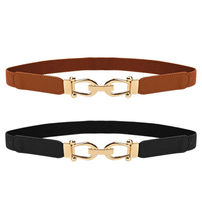 HOTWomen Stretchy Waist Belt, 70cm L Fit 27"-33" Waist 2.5cm W, Retro Elastic Gold Buckle for Ladies Dresses, 2 Pack