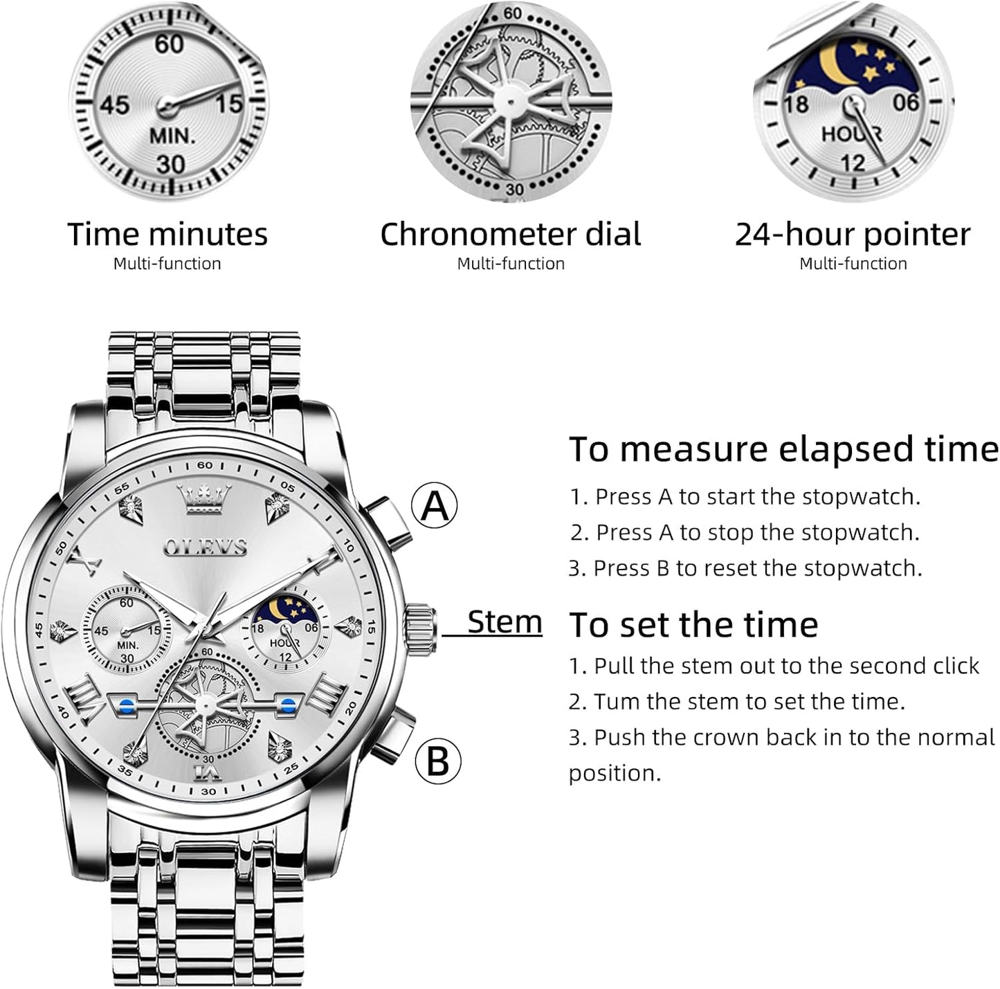 HOTOLEVS Watches Men Stainless Steel Chronograph Watch Luxury Big Face Man Dress Watches Waterproof Roman Numeral Analog Quartz Men Wrist Watch Diamond Relojes para Hombre(Silver/Black/Gold/Red/Blue)